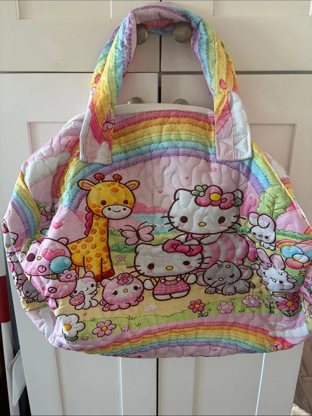 Hello Kitty Pastel Rainbow Quilted Kids Tote - Pink Multicolor Large Quilted Bag